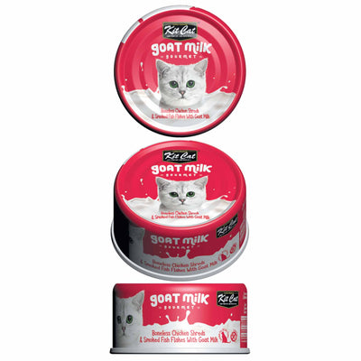 Kit Cat Goat Milk Gourmet Boneless Chicken Shreds & Smoked Fish Flakes Canned Cat Food 70g