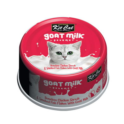 Kit Cat Goat Milk Gourmet Boneless Chicken Shreds & Smoked Fish Flakes Canned Cat Food 70g