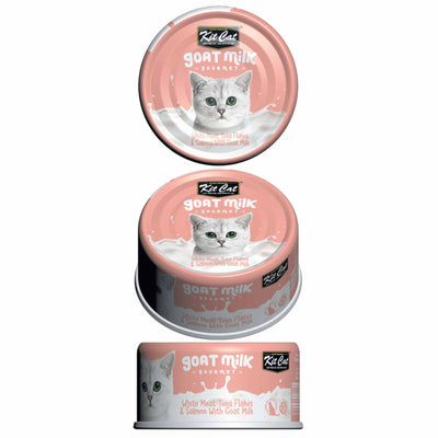 Kit Cat Goat Milk Gourmet White Meat Tuna Flakes & Salmon Canned Cat Food 70g