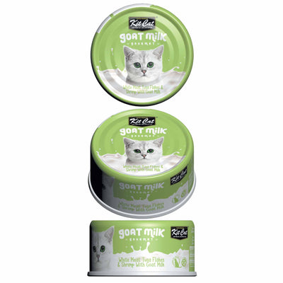 Kit Cat Goat Milk Gourmet White Meat Tuna Flakes & Shrimp Canned Cat Food 70g