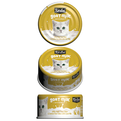 Kit Cat Goat Milk Gourmet White Meat Tuna Flakes & Smoked Fish Flakes Canned Cat Food 70g