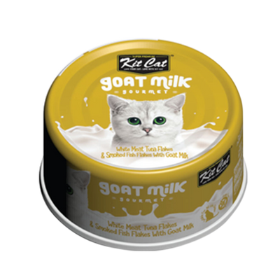 Kit Cat Goat Milk Gourmet White Meat Tuna Flakes & Smoked Fish Flakes Canned Cat Food 70g