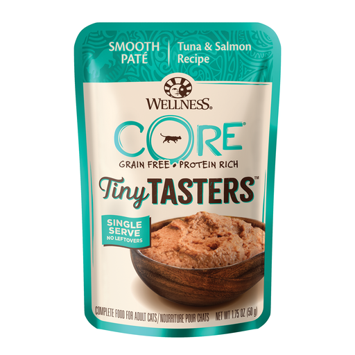 15% OFF: Wellness CORE Tiny Tasters Tuna & Salmon Pate Grain-Free Adult Pouch Cat Food 1.75oz